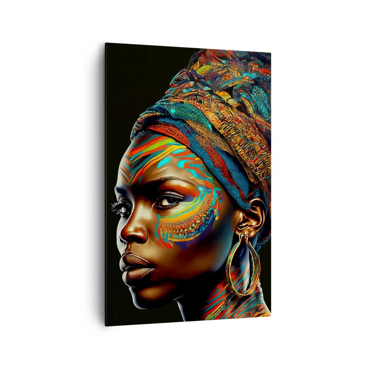 Impression sur toile - Image sur toile - Portrait d'une femme avec un motif coloré et un turban - 80x120cm - reine africaine - Décoration murale moderne pour le salon et la chambre ARTTOR