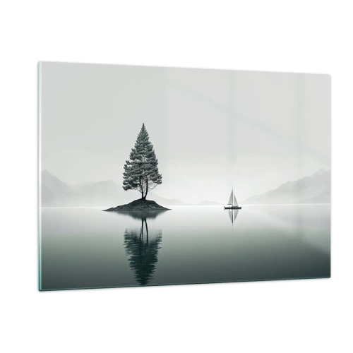 Impression sur verre - Image sur verre - Un arbre solitaire sur une île et un voilier sur un lac calme - 120x80cm - Un rêve somnolent - Décoration murale moderne pour le salon et la chambre ARTTOR