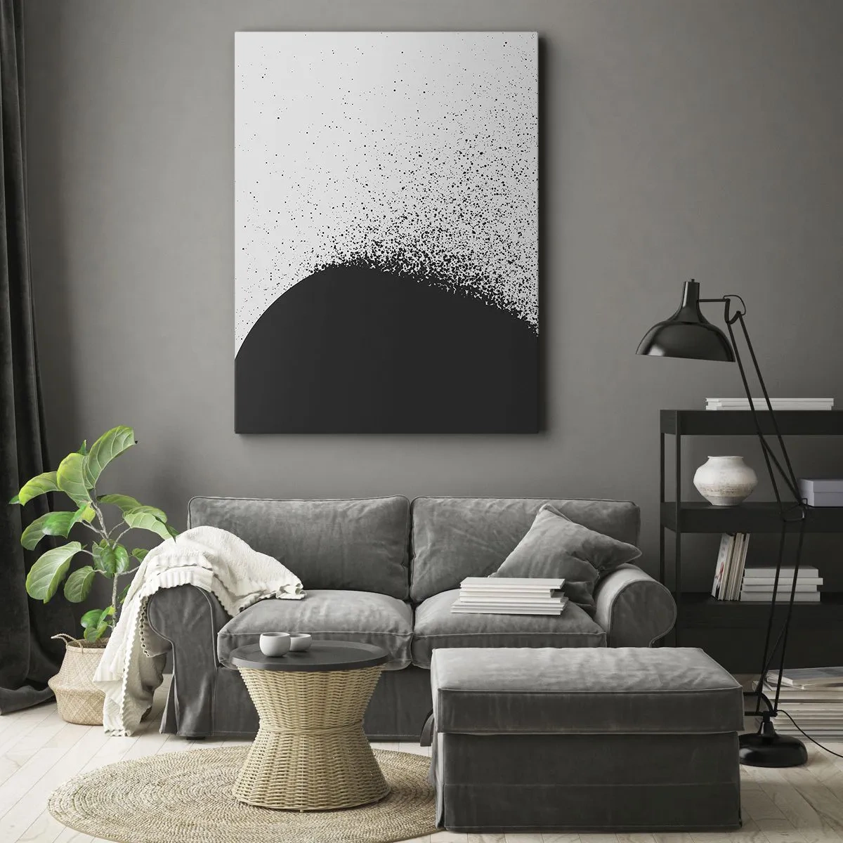 Impression sur toile - Image sur toile - Motif abstrait avec des particules noires sur un fond clair - 50x70cm - Mouvement des molécules - Décoration murale moderne pour le salon et la chambre ARTTOR
