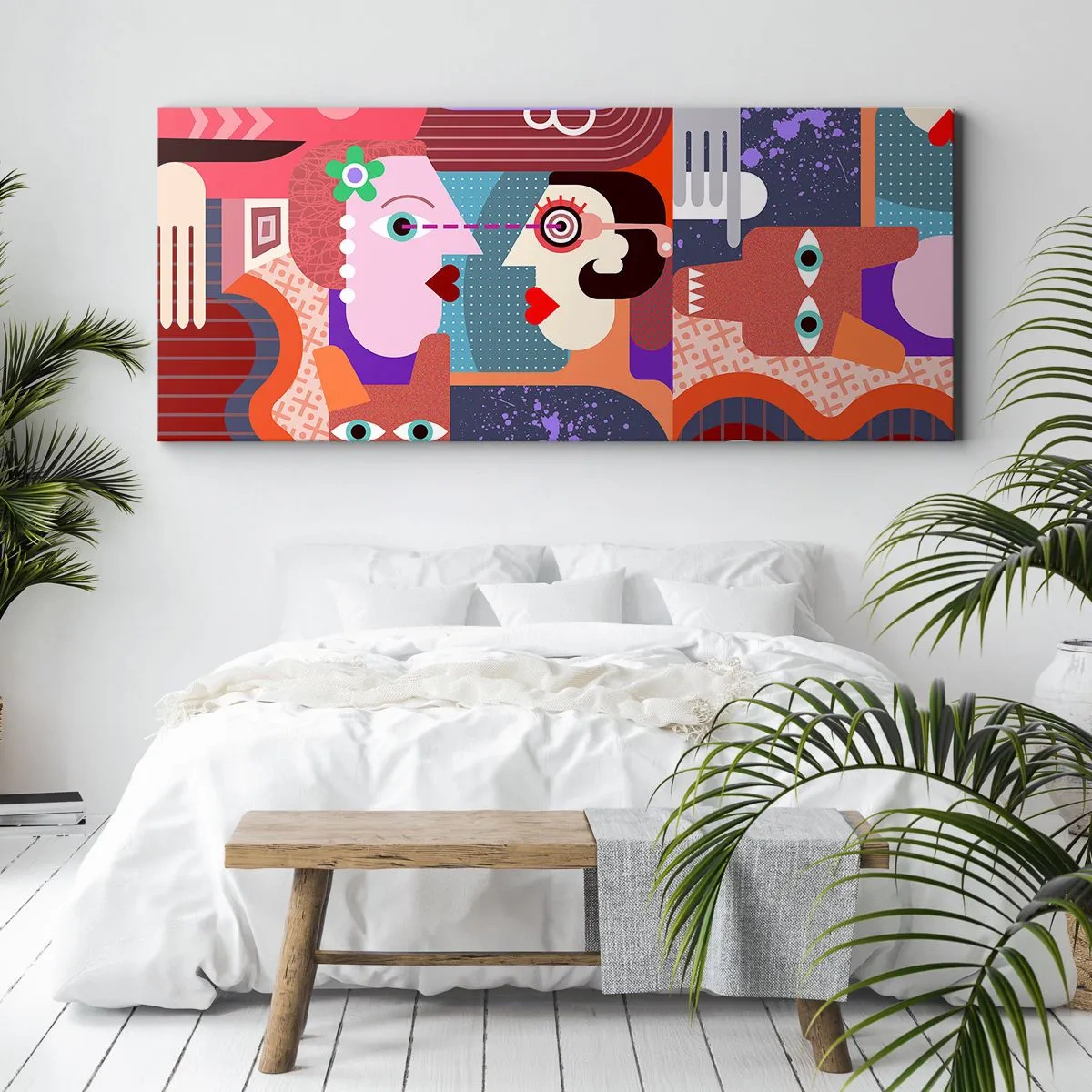 Impression sur toile - Image sur toile - Figures abstraites aux couleurs vives - 140x50cm - Les yeux dans les yeux - Décoration murale moderne pour le salon et la chambre ARTTOR