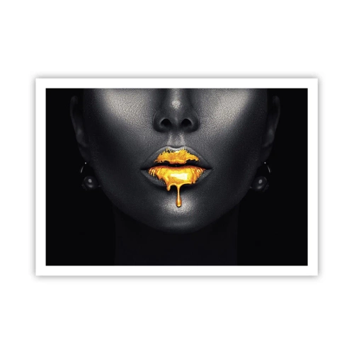 Affiche - Poster - Portrait noir et or d'une femme avec une goutte d'or sur les lèvres - 100x70cm - Bouche d'or - Décoration murale moderne pour le salon et la chambre ARTTOR