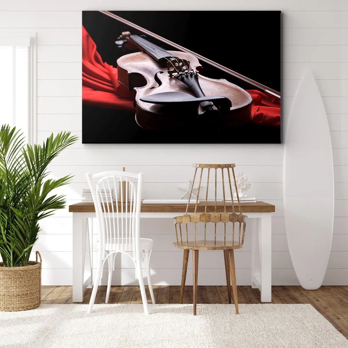 Impression sur toile - Image sur toile - Violon sur tissu rouge avec fond noir - 70x50cm - Musique des sentiments - Décoration murale moderne pour le salon et la chambre ARTTOR