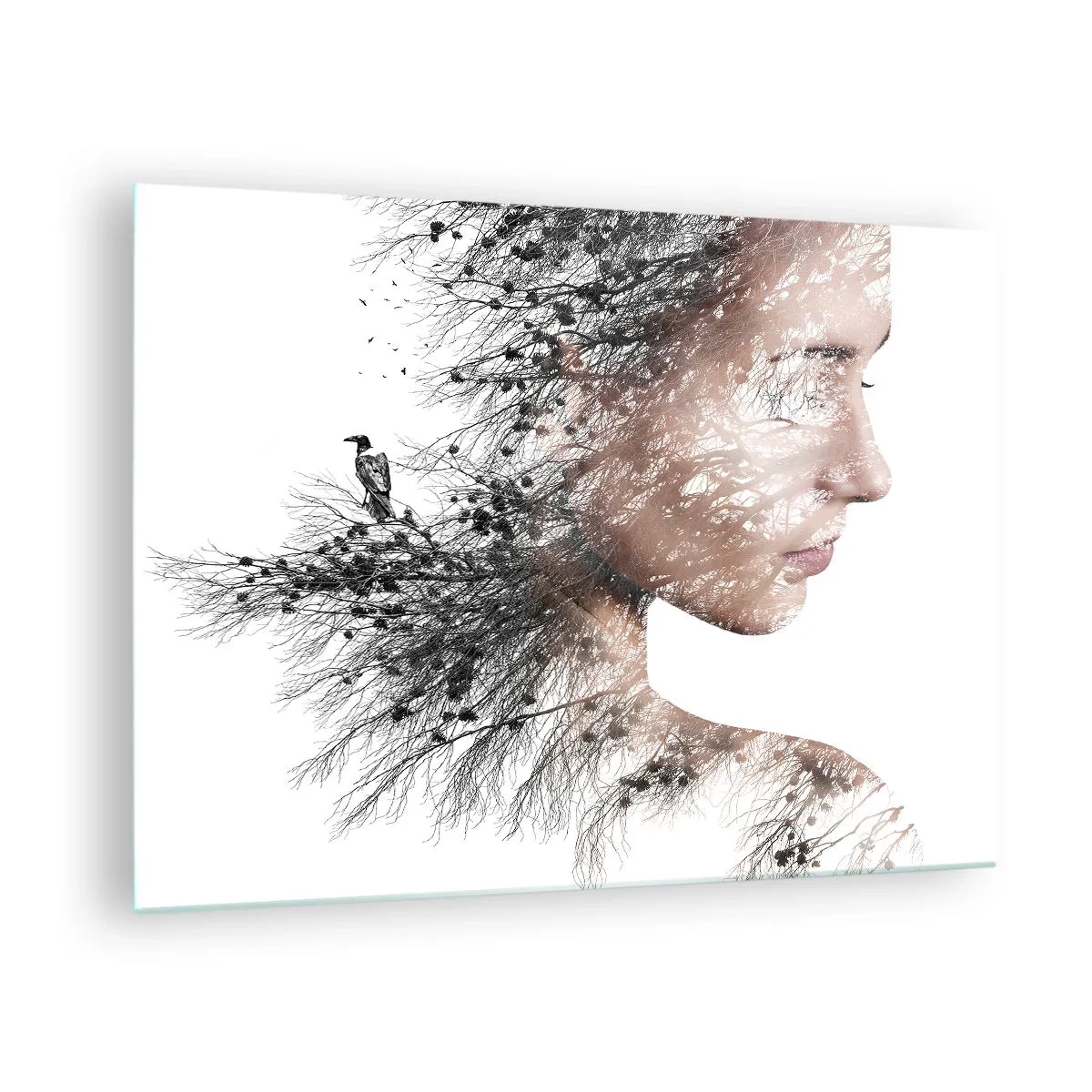 Impression sur verre - Image sur verre - Portrait d'une femme avec des branches en arrière-plan - 70x50cm - L'âme de la forêt - Décoration murale moderne pour le salon et la chambre ARTTOR