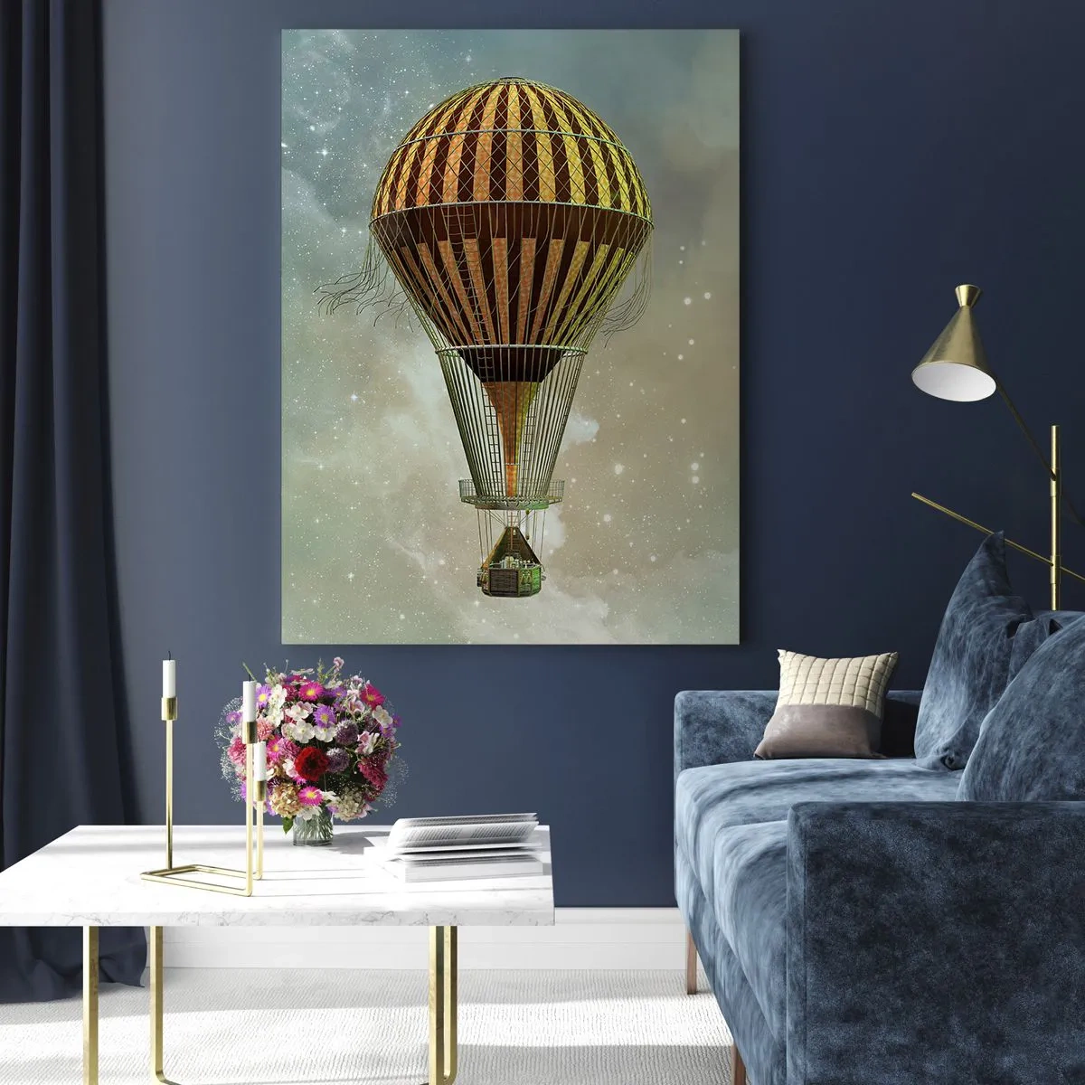 Impression sur verre - Image sur verre - Un ballon stylisé sur fond de ciel étoilé et de nuages. - 50x70cm - Vols pionniers - Décoration murale moderne pour le salon et la chambre ARTTOR