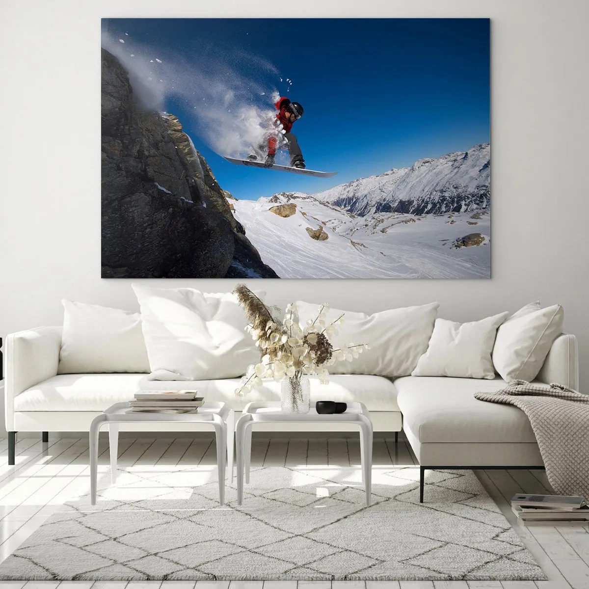 Impression sur verre - Image sur verre - Un snowboarder saute sur fond de montagne - 100x70cm - Et tu es devenu une partie de l'espace - Décoration murale moderne pour le salon et la chambre ARTTOR