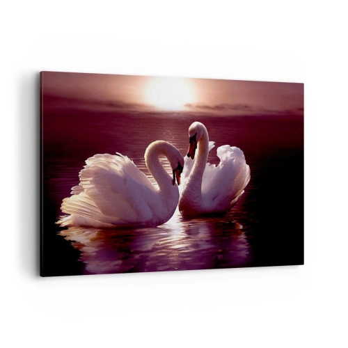 Impression sur toile - Image sur toile - Deux cygnes sur un lac calme au coucher du soleil - 120x80cm - Jusqu'à ce que la mort nous sépare - Décoration murale moderne pour le salon et la chambre ARTTOR