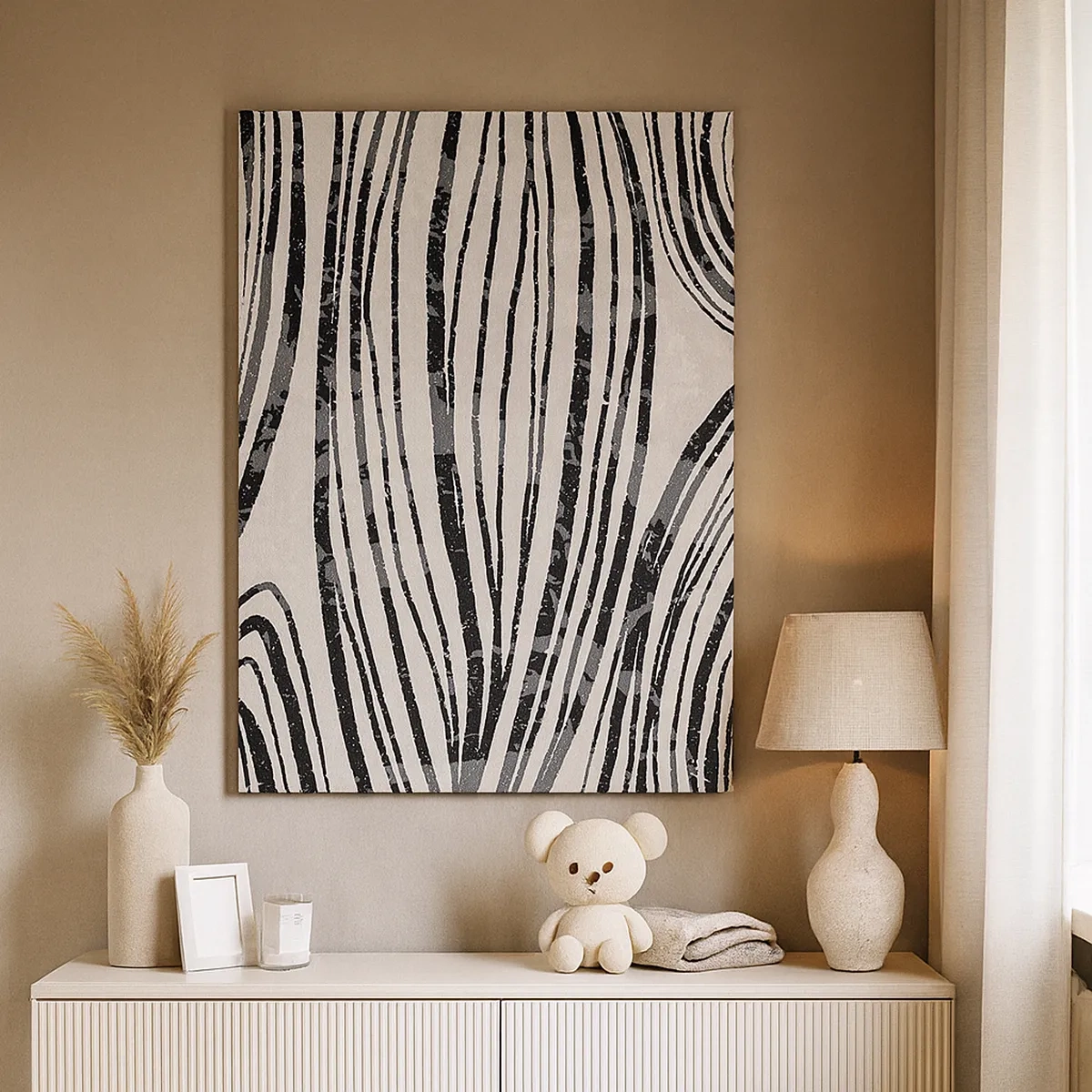 Impression sur toile - Image sur toile - Vagues abstraites dans des tons noirs et blancs - 50x70cm - Ligne de marécage - Décoration murale moderne pour le salon et la chambre ARTTOR