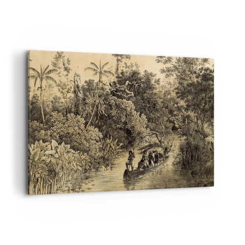 Impression sur toile - Image sur toile - Dessin d'une jungle avec un bateau sur une rivière - 100x70cm - Expédition à la source - Décoration murale moderne pour le salon et la chambre ARTTOR