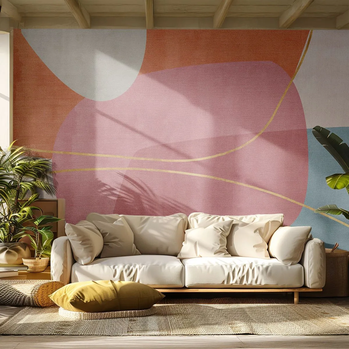 Papier Peint Photo Premium Canvas - Composition pastel au fil d'or - Abstraction, Minimalisme, Formes - 250x175 cm