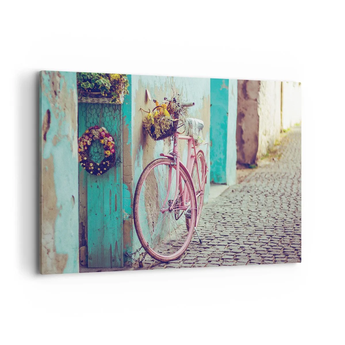 Impression sur toile - Image sur toile - Un vélo rose près d'une porte turquoise - 120x80cm - Je reviens tout de suite - Décoration murale moderne pour le salon et la chambre ARTTOR