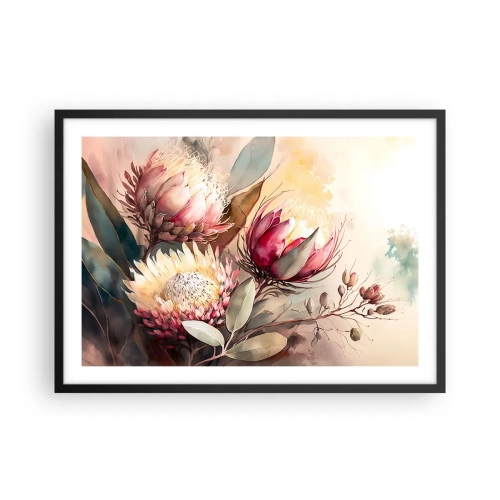 Affiche dans un cadre noir - Poster - Fleurs de Protea aux tons pastel délicats - 70x50cm - De profil et de face - Décoration murale moderne pour le salon et la chambre ARTTOR