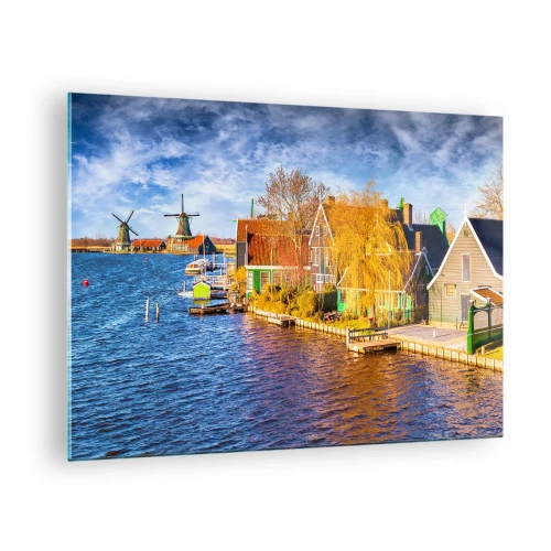 Impression sur verre - Image sur verre - Maisons pittoresques au bord de l'eau aux Pays-Bas avec moulins à vent - 70x50cm - C'est pareil depuis des lustres - Décoration murale moderne pour le salon et la chambre ARTTOR