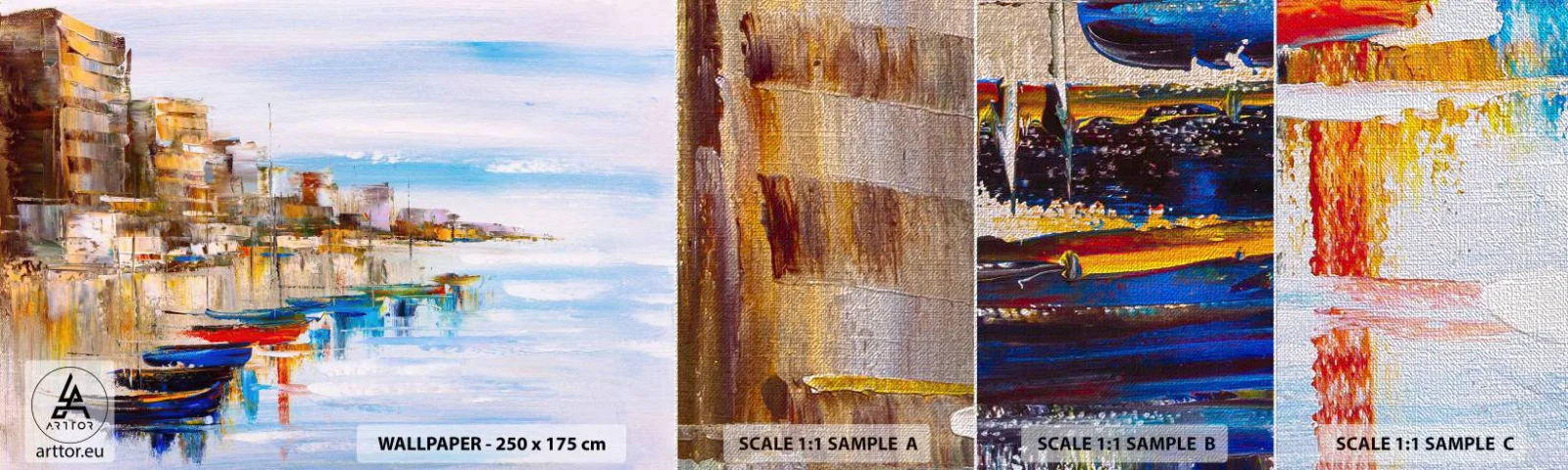 Échantillon de Papier Peint Premium Canvas - Un havre urbain multicolore - Paysage, port, Bord de mer - 100x30 cm