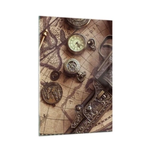 Impression sur verre - Image sur verre - Objets anciens sur une vieille carte dans un style rétro - 80x120cm - L'aventure appelle - Décoration murale moderne pour le salon et la chambre ARTTOR