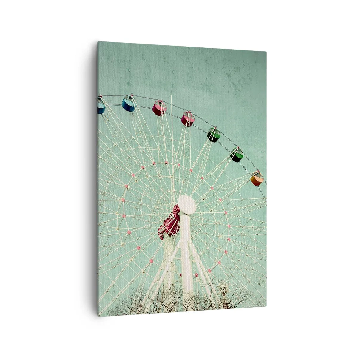 Impression sur toile - Image sur toile - Une grande roue colorée contre un ciel bleu dans un style rétro - 70x100cm - Nous vous invitons à vous amuser - Décoration murale moderne pour le salon et la chambre ARTTOR