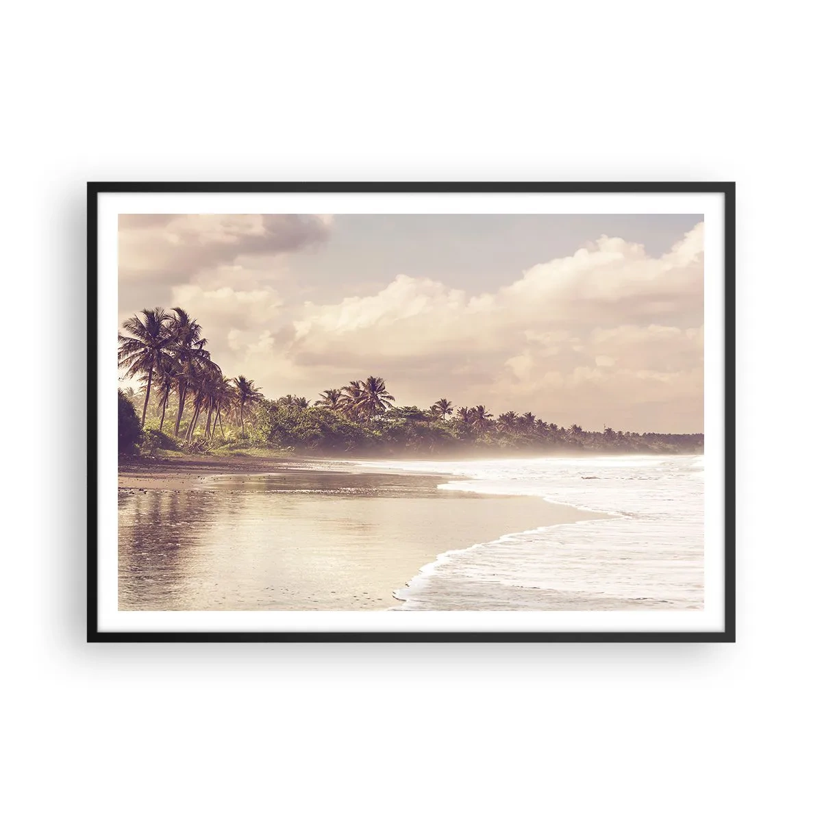 Affiche dans un cadre noir - Poster - Une plage avec des palmiers et des vagues douces le matin - 100x70cm - La caresse des vagues - Décoration murale moderne pour le salon et la chambre ARTTOR