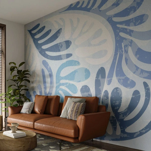 Papier Peint Photo Premium Canvas - Formes abstraites dans des tons de bleu sur fond blanc - 100x70cm - Fougères bleues - Décoration murale moderne pour le salon et la chambre ARTTOR