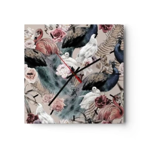 Horloge murale - Pendule murale - Un paysage avec des plumes de paon, des roses et des oiseaux dans un style romantique. - 30x30cm - Dans un jardin de palace - Décoration murale moderne pour le salon et la chambre ARTTOR