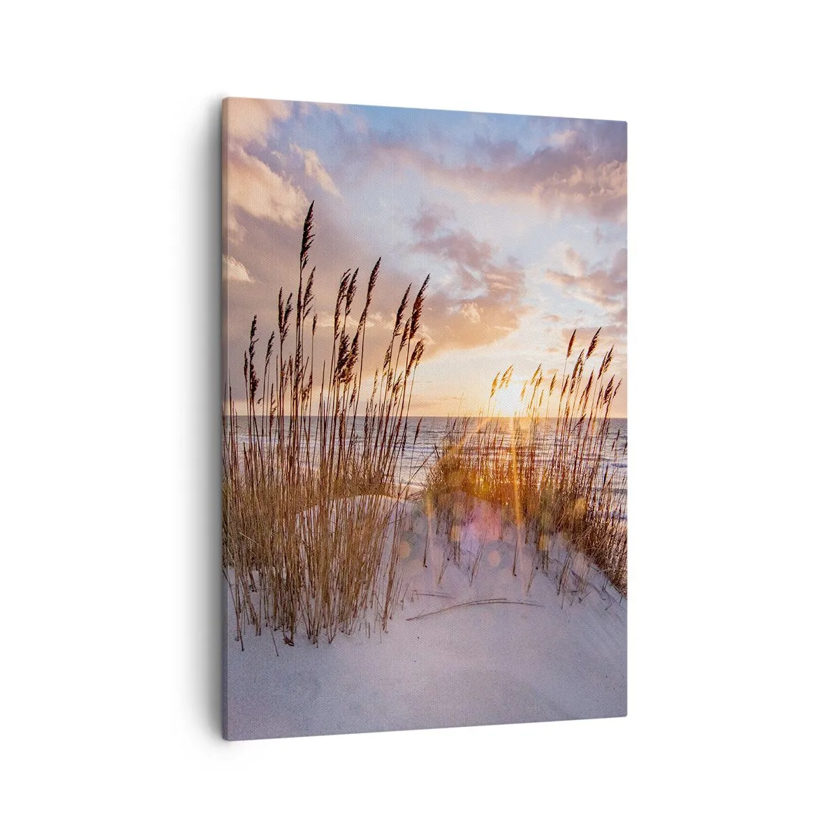 Impression sur toile - Image sur toile - Dunes avec des herbes sur fond de soleil couchant - 50x70cm - Salutations du soleil et du vent - Décoration murale moderne pour le salon et la chambre ARTTOR