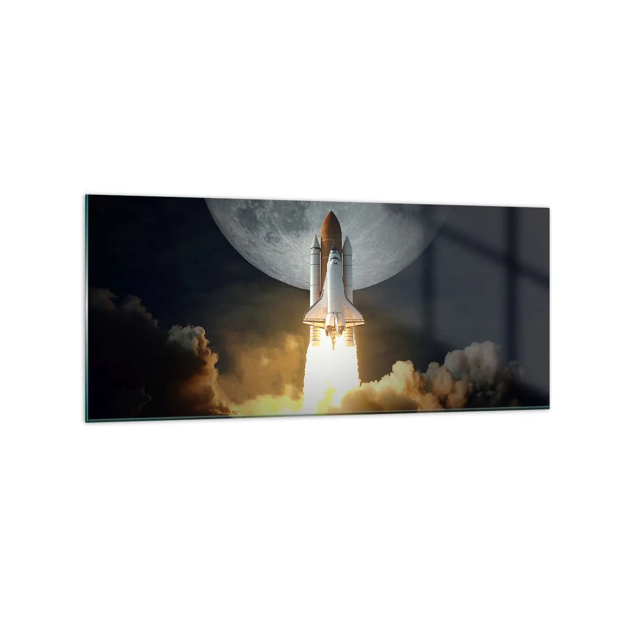 Impression sur verre - Image sur verre - Une fusée décollant sur fond de pleine lune entourée de nuages dynamiques. - 120x50cm - Le début d'une aventure surnaturelle - Décoration murale moderne pour le salon et la chambre ARTTOR