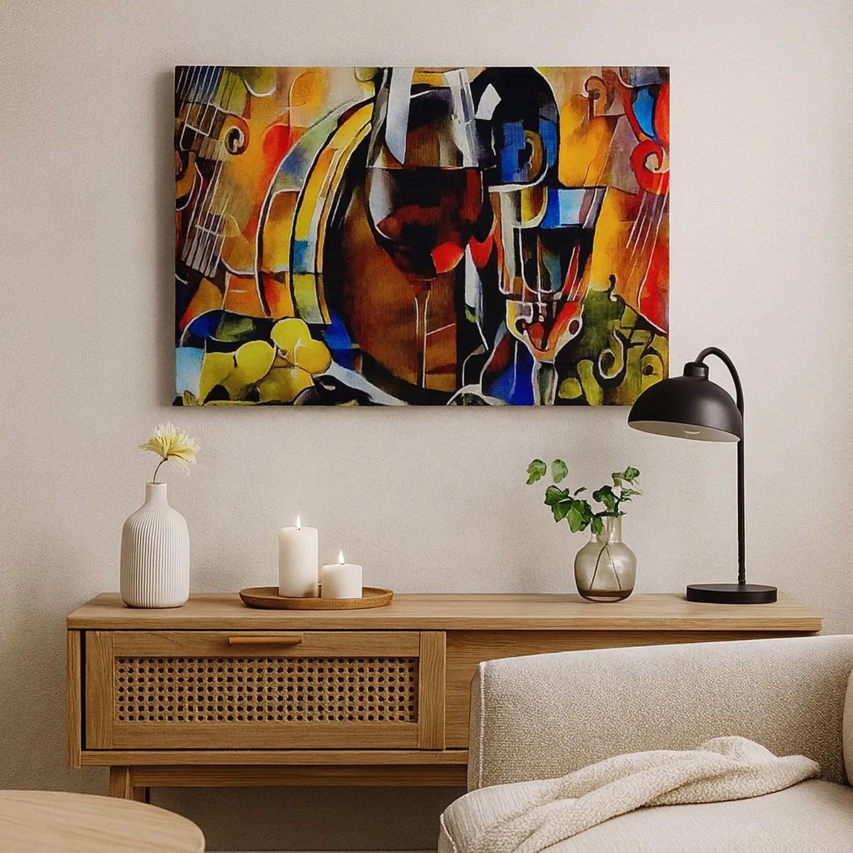 Impression sur toile - Image sur toile - Nature morte abstraite avec verres et instruments - 70x50cm - Et le monde prend des couleurs - Décoration murale moderne pour le salon et la chambre ARTTOR