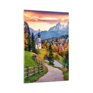Impression sur verre - Image sur verre - Paysage de montagne d'automne avec une chapelle et un coucher de soleil - 70x100cm - Paysage comme peind - Décoration murale moderne pour le salon et la chambre ARTTOR