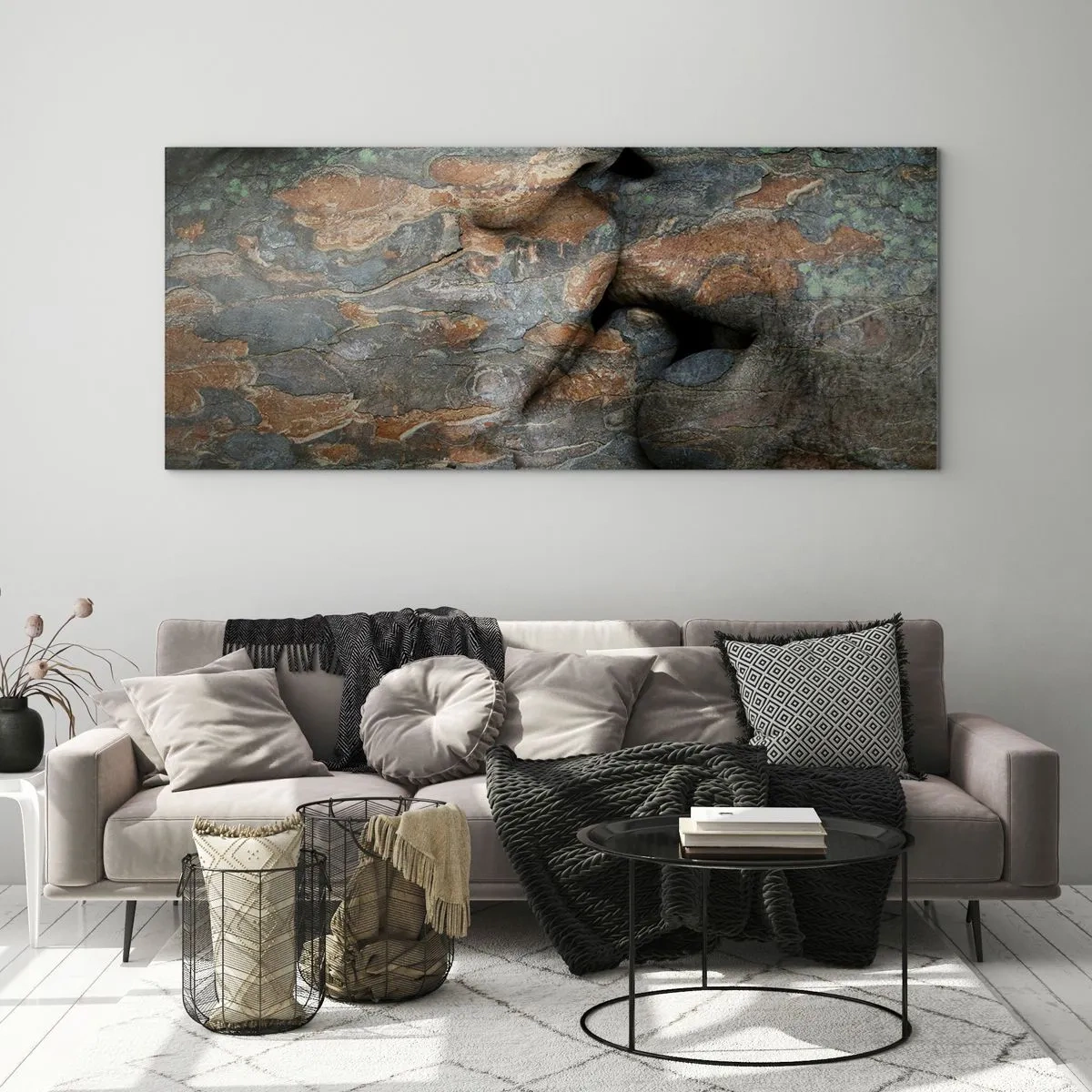 Impression sur verre - Image sur verre - Un motif artistique d'un visage sculpté dans la roche avec un effet de texture naturelle. - 160x50cm - Ensemble pour toujours - Décoration murale moderne pour le salon et la chambre ARTTOR