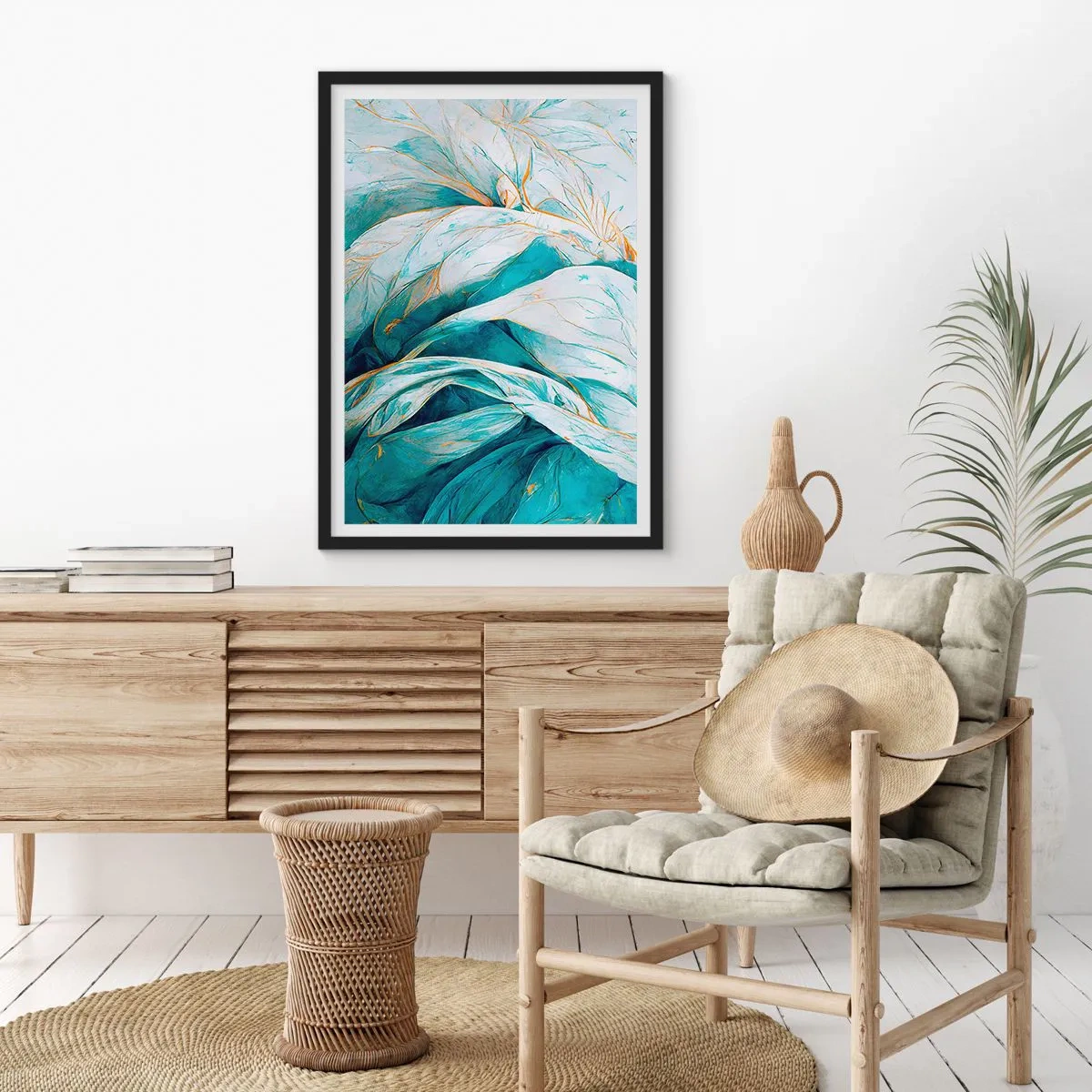 Affiche dans un cadre noir - Poster - Abstraction bleue avec un motif doré - 70x100 cm