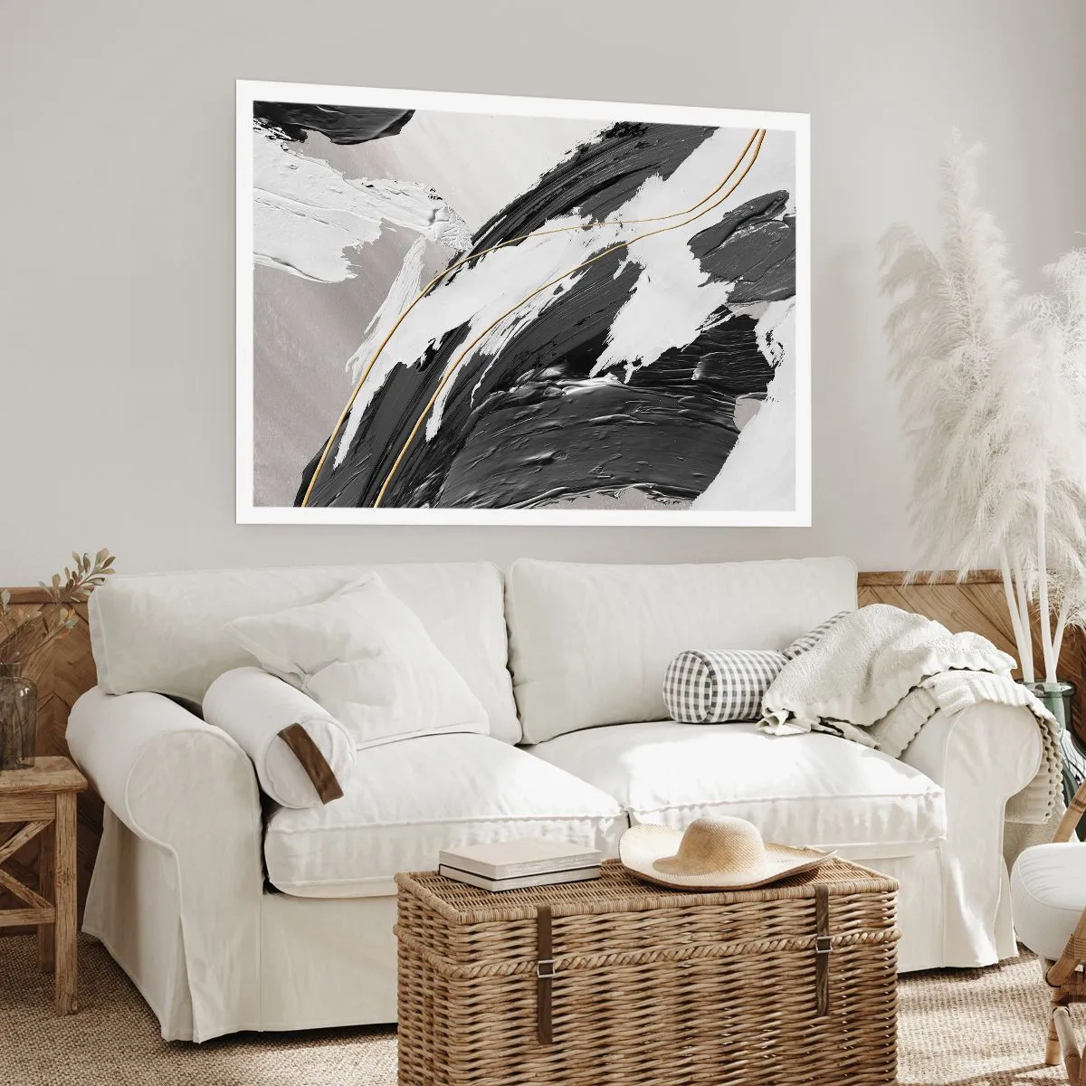 Affiche - Poster - Coups de pinceau noirs et blancs avec une subtile touche dorée - 100x70cm - L'abstraction à grande échelle - Décoration murale moderne pour le salon et la chambre ARTTOR