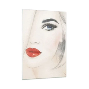 Impression sur verre - Image sur verre - Portrait d'une femme aux cheveux clairs, aux lèvres rouges et aux yeux bleus - 50x70cm - Il hypnotise et enivre - Décoration murale moderne pour le salon et la chambre ARTTOR