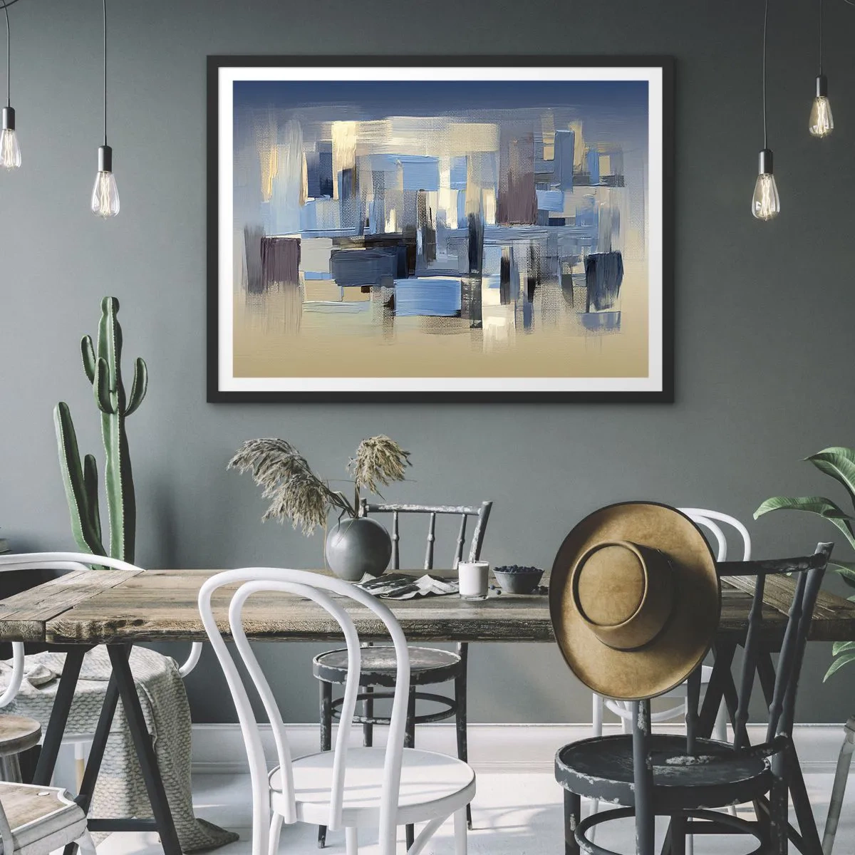Affiche dans un cadre noir - Poster - Formes géométriques dans les tons de bleu et de beige - 70x50cm - Construction bleue - Décoration murale moderne pour le salon et la chambre ARTTOR