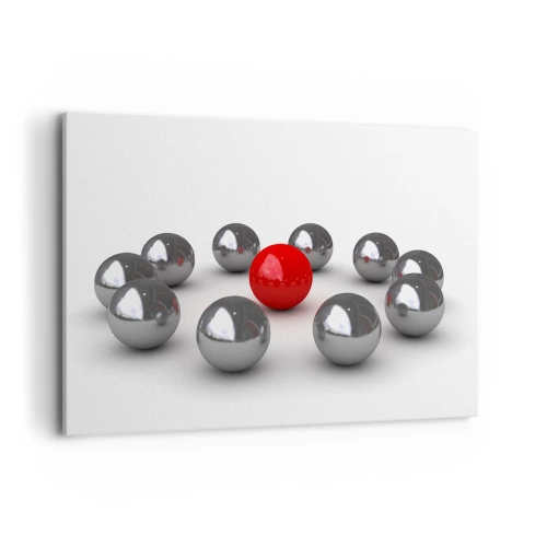 Impression sur toile - Image sur toile - Une boule rouge entourée de boules argentées sur fond blanc - 120x80cm - Un cercle en argent et rouge - Décoration murale moderne pour le salon et la chambre ARTTOR