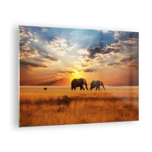 Impression sur verre - Image sur verre - Éléphants dans la savane africaine au coucher du soleil - 70x50cm - Déambulation familliale - Décoration murale moderne pour le salon et la chambre ARTTOR