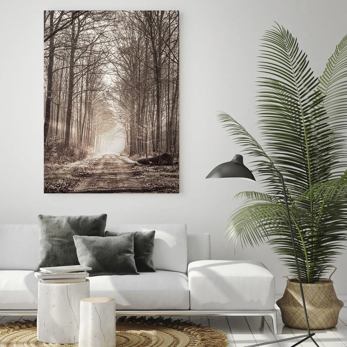 Impression sur verre - Image sur verre - Route forestière dans le brouillard matinal - 50x70cm - Cathédrale de la forêt - Décoration murale moderne pour le salon et la chambre ARTTOR