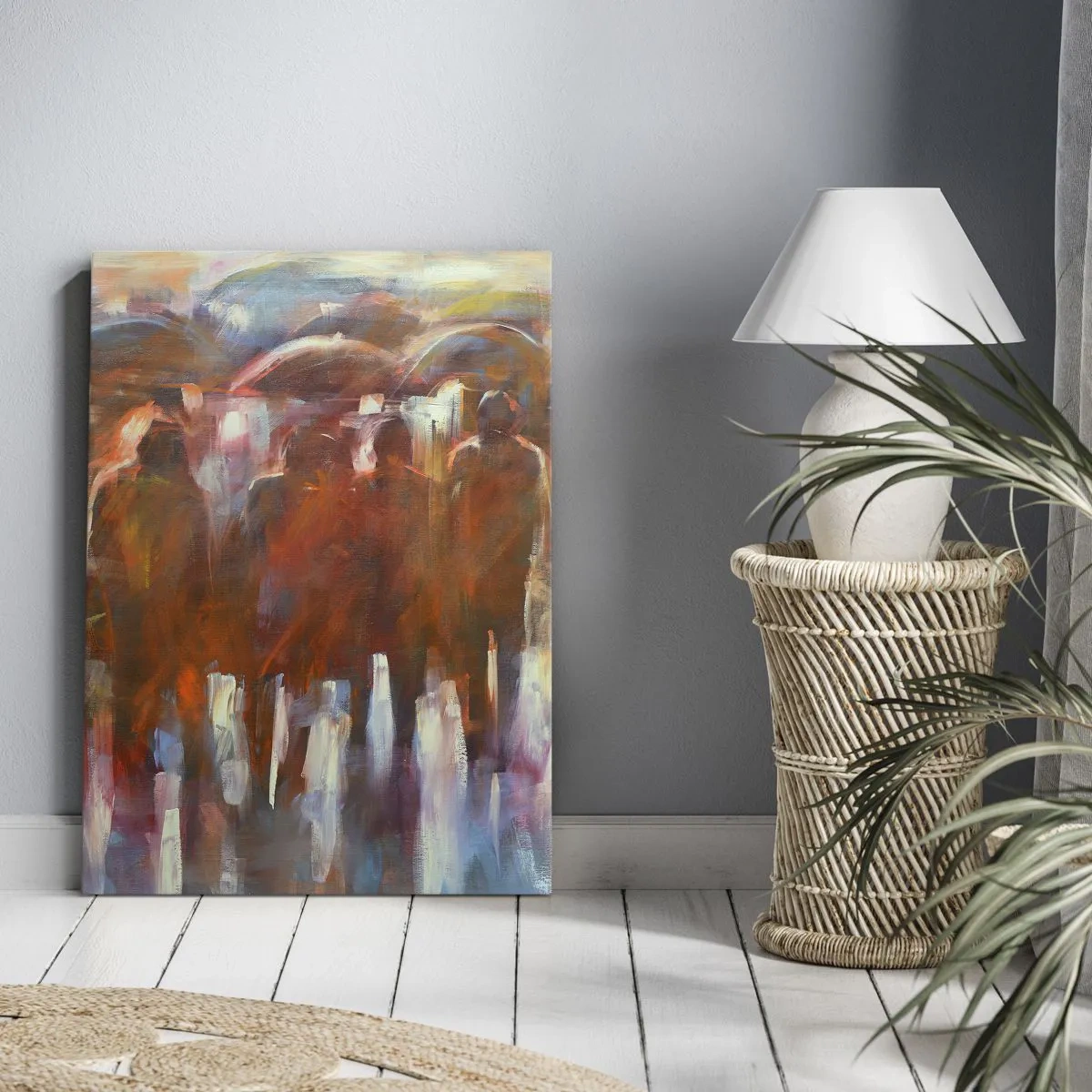 Impression sur toile - Image sur toile - Une foule de personnes avec des parapluies dans un décor pluvieux et artistique - 50x70cm - Identiques sous la pluie et dans le brouillard - Décoration murale moderne pour le salon et la chambre ARTTOR