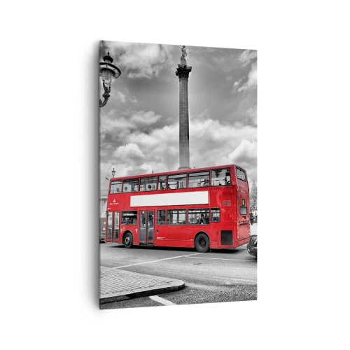 Impression sur toile - Image sur toile - Un bus rouge à impériale sur fond de ville en noir et blanc - 80x120cm - La vraie circulation sanguine de la ville - Décoration murale moderne pour le salon et la chambre ARTTOR