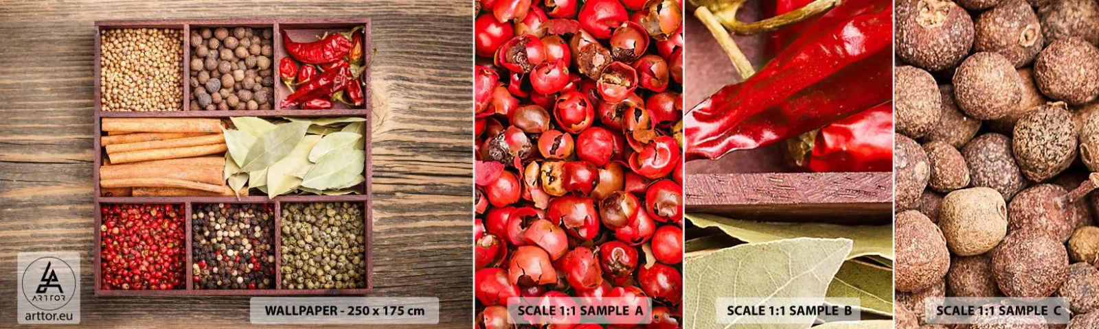 Échantillon de Papier Peint Autocollant Deluxe Sticker - Ordre des formes, bouquet d'arômes - La gastronomie, Épices, Chili - 100x30 cm