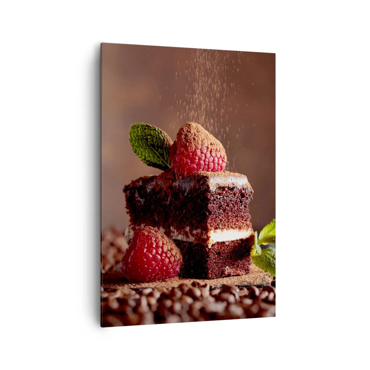 Impression sur toile - Image sur toile - Gâteau au chocolat aux framboises et à la menthe sur fond de fèves de cacao - 70x100cm - La vie est douce - Décoration murale moderne pour le salon et la chambre ARTTOR