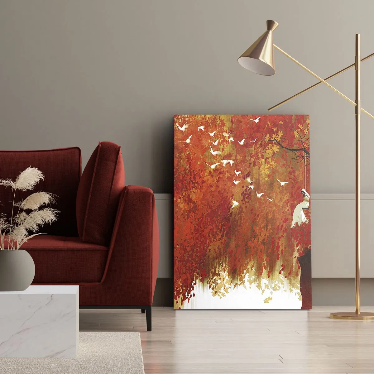 Impression sur toile - Image sur toile - Une silhouette sur une balançoire près d'un arbre entouré de feuilles rouges - 50x70cm - S'envolera-t-il avec eux ? - Décoration murale moderne pour le salon et la chambre ARTTOR