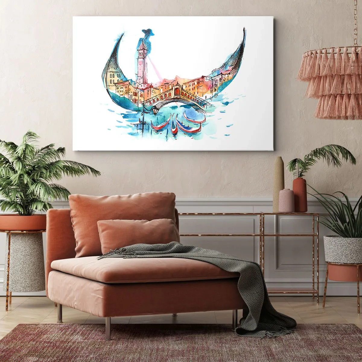 Impression sur toile - Image sur toile - Une composition à l'aquarelle de Venise en forme de gondole - 100x70cm - Nous naviguons à travers la ville - Décoration murale moderne pour le salon et la chambre ARTTOR