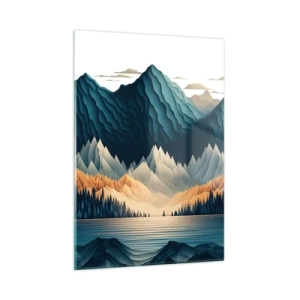 Impression sur verre - Image sur verre - Paysage de montagne stylisé avec une forêt et un lac - 50x70cm - Paysage de montagne parfait - Décoration murale moderne pour le salon et la chambre ARTTOR