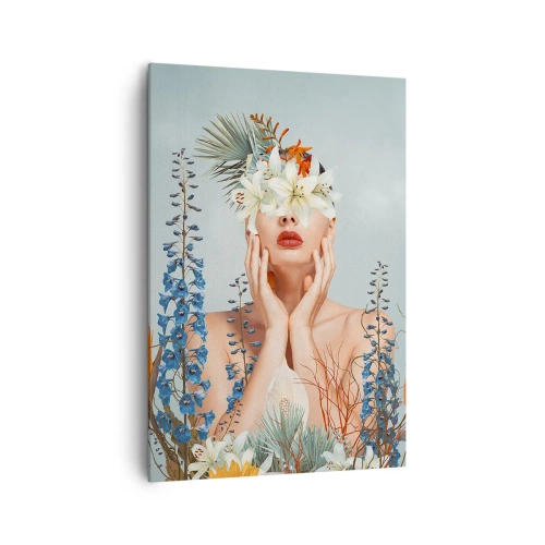 Impression sur toile - Image sur toile - Portrait d'une femme avec un motif floral sur fond bleu - 70x100cm - Femme - fleur - Décoration murale moderne pour le salon et la chambre ARTTOR