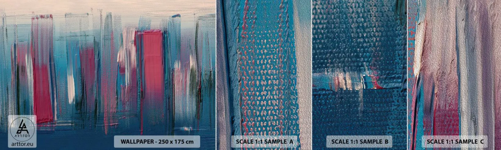 Échantillon de Papier Peint Premium Sand - Composition verticale en bleu et rouge - Morceau, Abstraction, Peinture - 100x30 cm