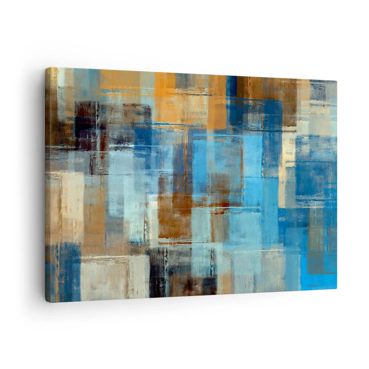 Impression sur toile - Image sur toile - Composition géométrique abstraite dans les tons de bleu et de marron - 70x50cm - A travers le voile bleu - Décoration murale moderne pour le salon et la chambre ARTTOR