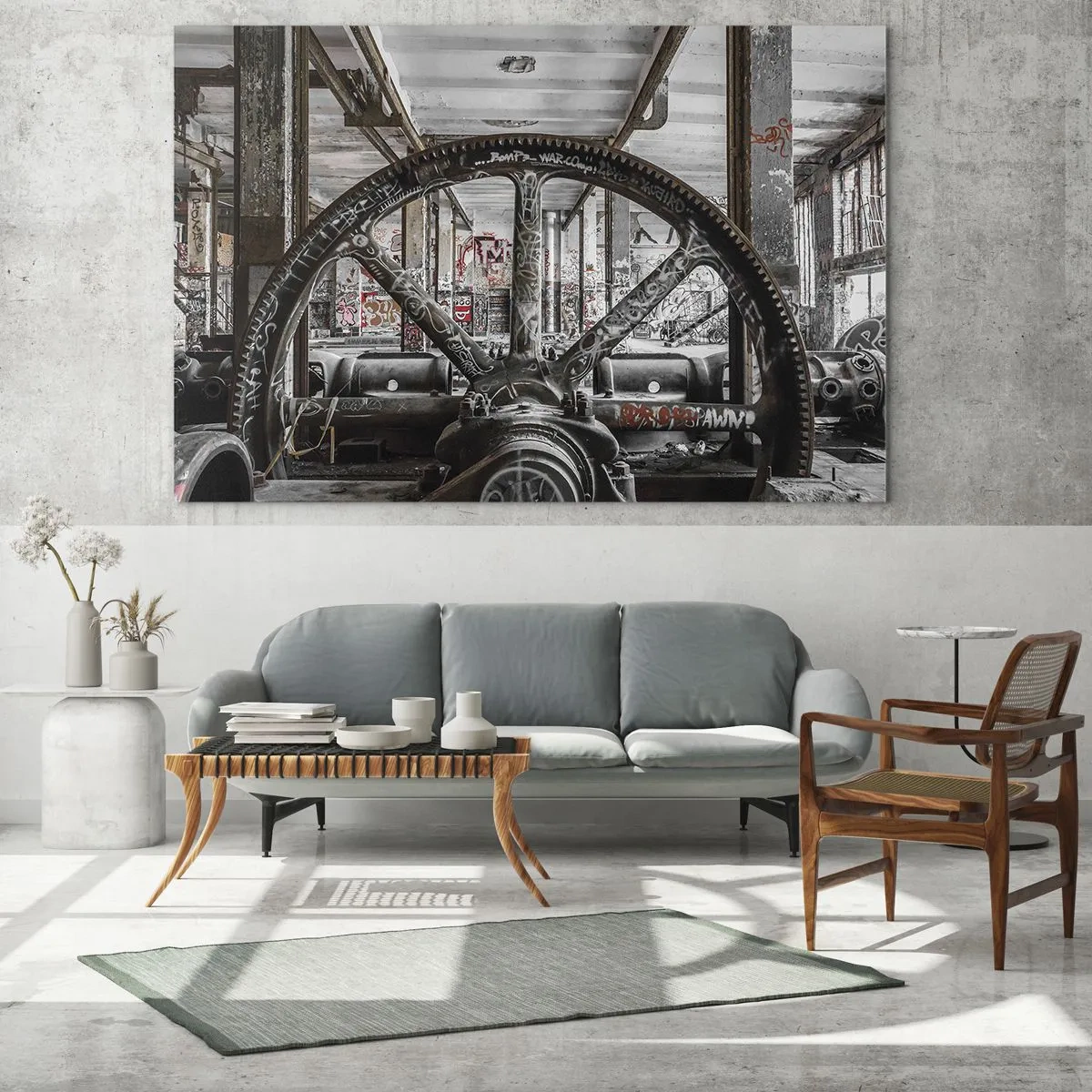 Impression sur verre - Image sur verre - Intérieur industriel historique avec une roue dentée - 70x50cm - Vie secrète d'une usine - Décoration murale moderne pour le salon et la chambre ARTTOR