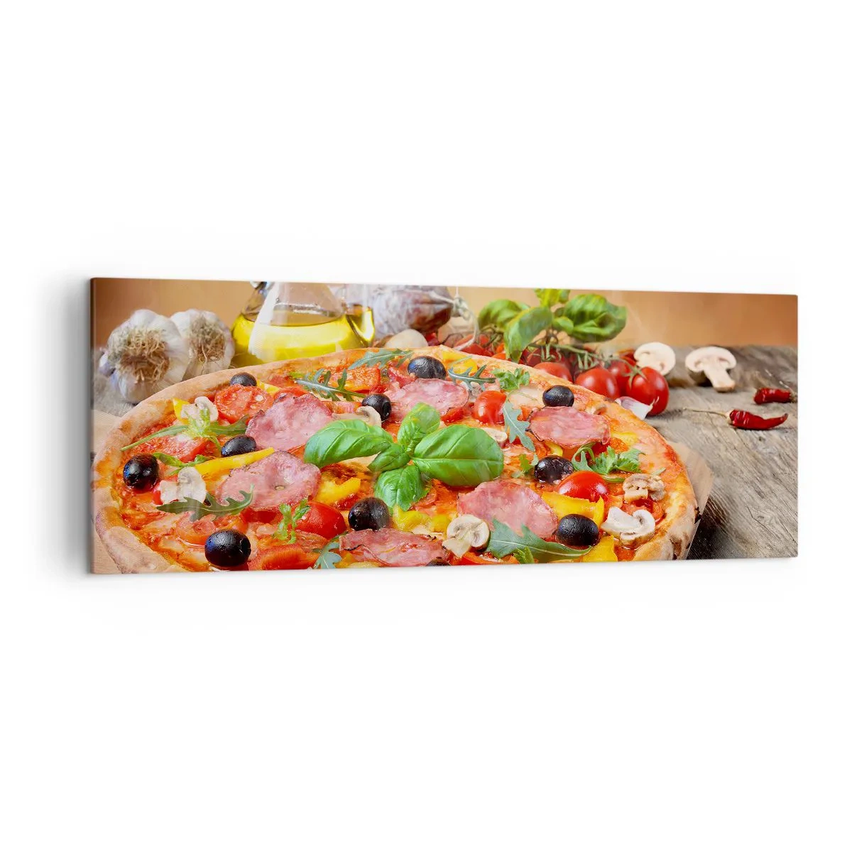 Impression sur toile - Image sur toile - Pizza appétissante sur une table en bois avec garnitures - 140x50cm - Avec une vraie saveur italienne - Décoration murale moderne pour le salon et la chambre ARTTOR