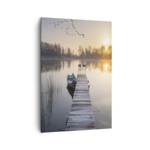 Impression sur toile - Image sur toile - Une jetée au bord du lac le matin avec un bateau et des chaises - 70x100cm - Je reviendrai - Décoration murale moderne pour le salon et la chambre ARTTOR