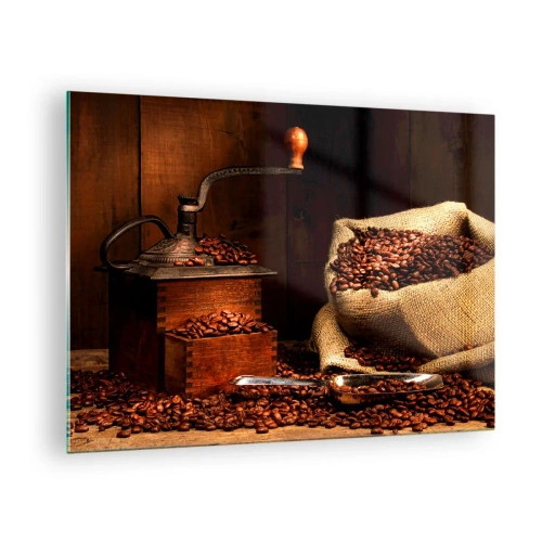 Impression sur verre - Image sur verre - Un vieux moulin à café avec des grains et un sac de café - 70x50cm - Nature morte avec grains de café et moulin - Décoration murale moderne pour le salon et la chambre ARTTOR
