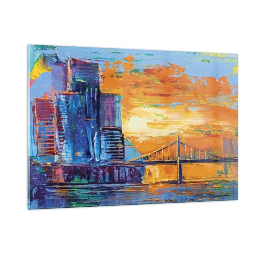 Impression sur verre - Image sur verre - La ville colorée et le pont dans la lueur du soleil couchant - 120x80cm - Culture et nature - Décoration murale moderne pour le salon et la chambre ARTTOR