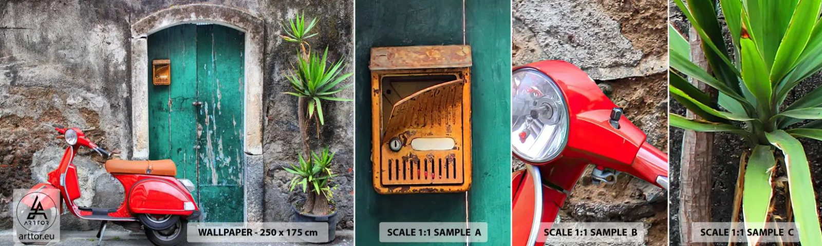 Échantillon de Papier Peint Autocollant Deluxe Sticker - Vacances italiennes - Automobile, Scooter, Italie - 100x30 cm